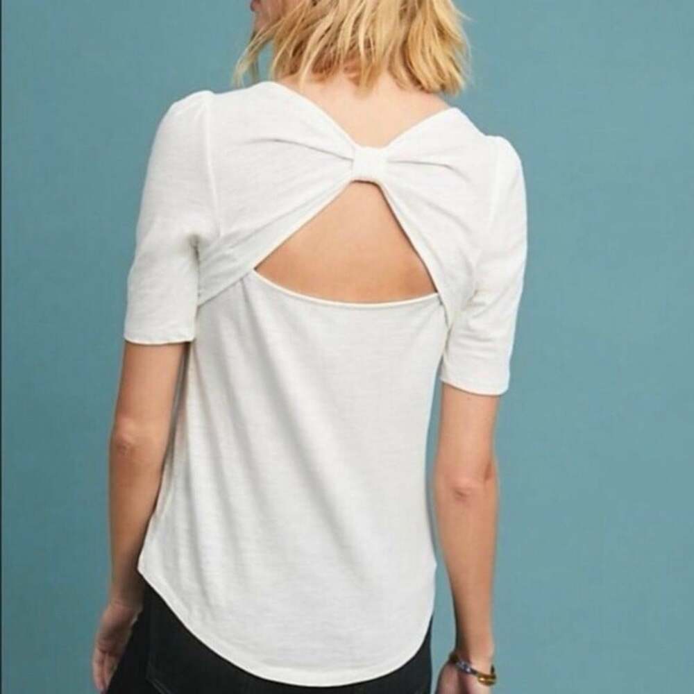 Meadow Rue Anthropologie White Bow Back Tee Puff Sleeve Top Size S